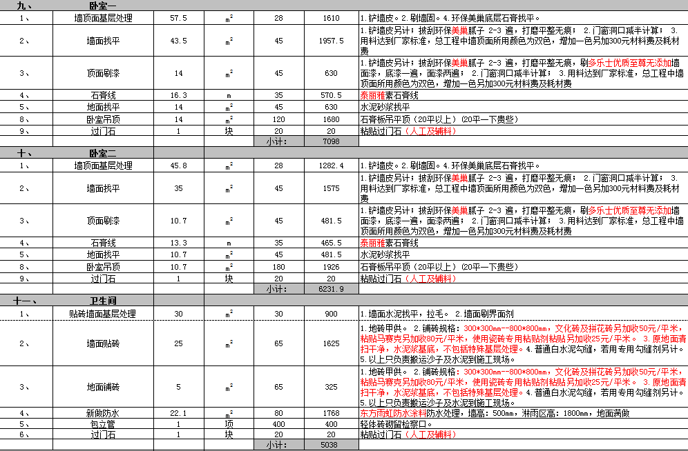 轻功辅料土建预算单