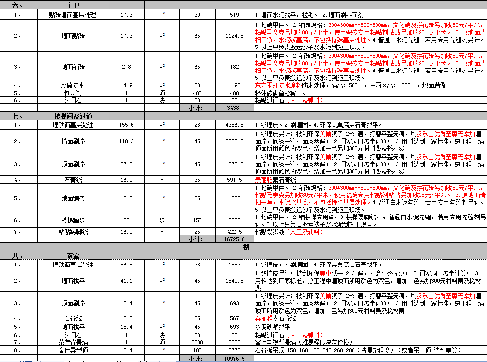 轻功辅料土建预算单