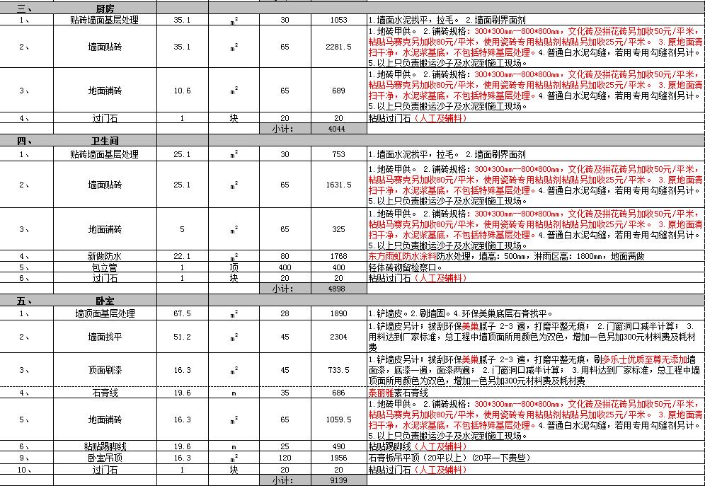 轻功辅料土建预算单