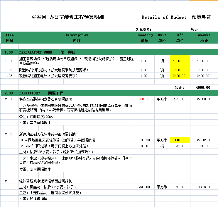厂房装修预算表